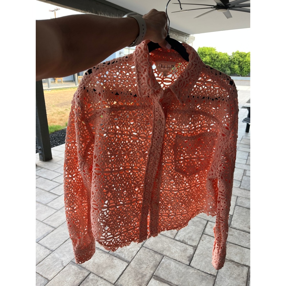 Oli & Hali Rust Copper Crochet Laser Cut Floral Button Down Shirt Boho S